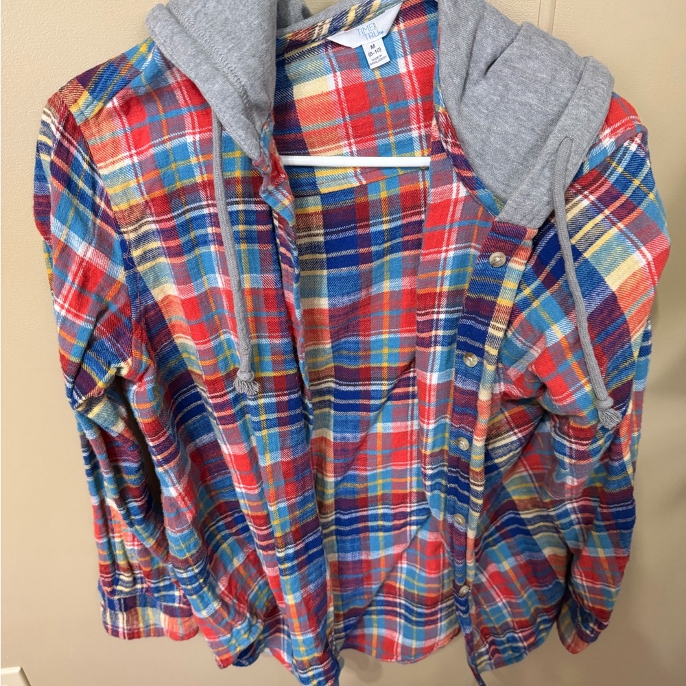Time and Tru Red and Blue Plaid Shirt with Gray Hood